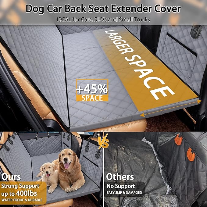 Dog Car Back Seat Extender Cover,Hard Bottom Scratchproof and Waterproof Protector,with Mesh Window and Storage Pocket for Car,SUVs,Trucks Gray