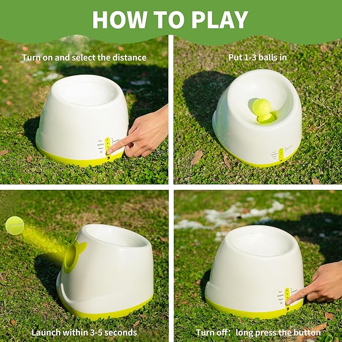 Automatic Ball Launcher for Dogs, 4 Launch Distance Modes, 2-inch Small Balls Included, Suitable for Small to Medium Sized Dogs (White with Latex Ball)