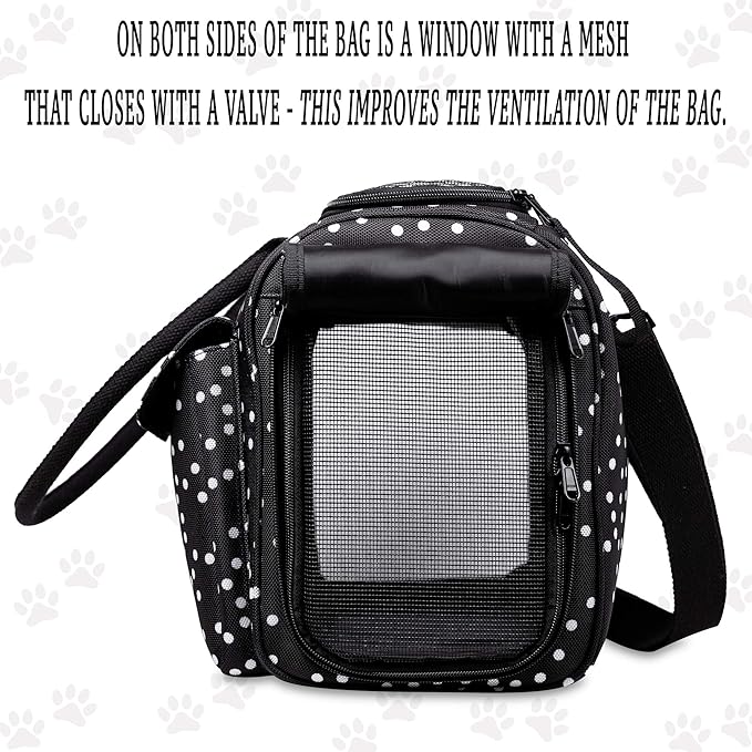 Fashion Dog Carrier Cat Carrier Rabbit Carrier- Soft Sided Pet Carrier Purse Bag - Breathable Mesh Airline Approved Pets Travel Tote Bag with Pockets (Black Polka dot)