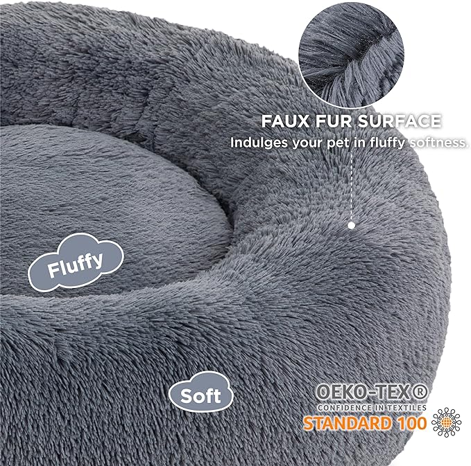 Bedsure Calming Dog Bed for Extra Large Dogs - Donut Washable Large Pet Bed, 45 inches Anti-Slip Round Fluffy Plush Faux Fur Dog Bed, Fits up to 125 lbs Pets, Grey