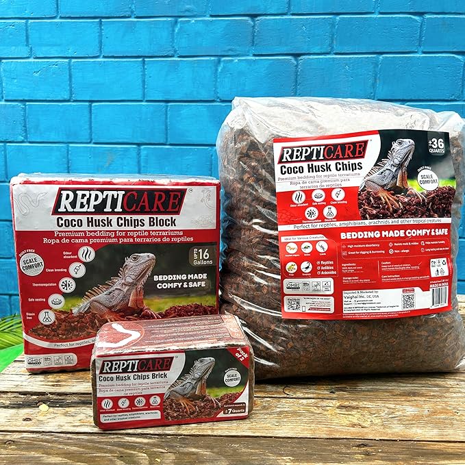 ReptiCare Compressed Coconut Chip Substrate for Reptiles 64 Quart Coco Husk Bedding Block for Ball Pythons, Snakes, Tortoises, Crested Geckos, Frogs, Hermit Crabs or Lizard Terrarium Tanks