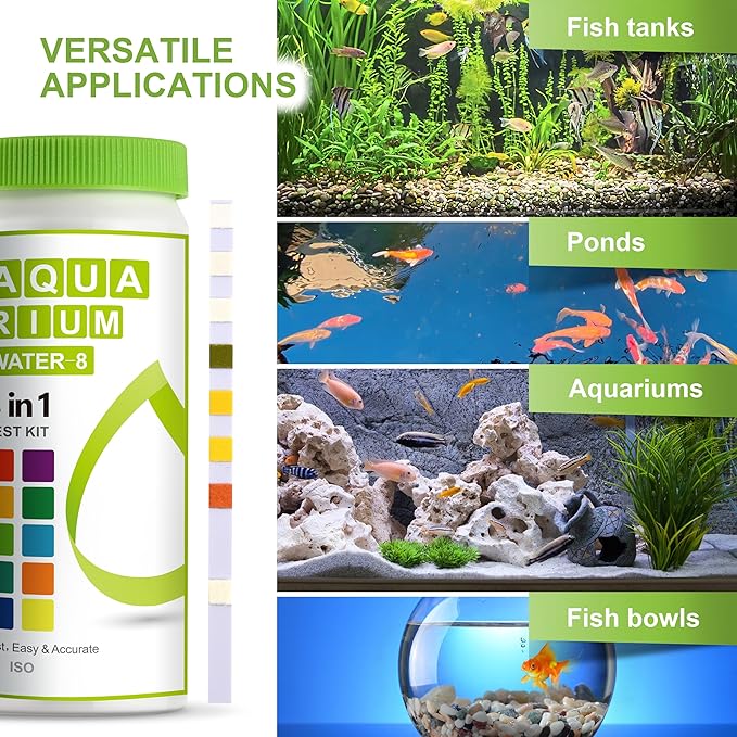 8-in-1 Aquarium Test Kit (150 Strips) for Freshwater & Saltwater - Quick & Accurate Water Testing for Aquariums & Ponds. Tests Free Chlorine, Hardness, pH, Ammonia Nitrogen, etc. (K02-150)