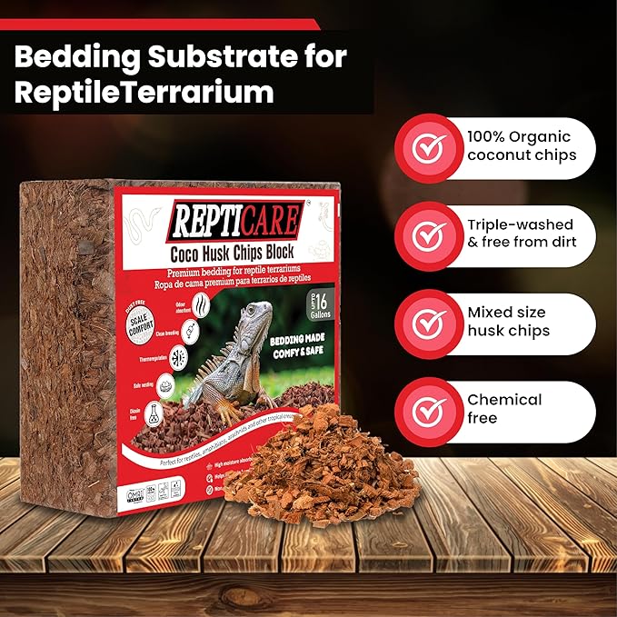 ReptiCare Compressed Coconut Chip Substrate for Reptiles 64 Quart Coco Husk Bedding Block for Ball Pythons, Snakes, Tortoises, Crested Geckos, Frogs, Hermit Crabs or Lizard Terrarium Tanks