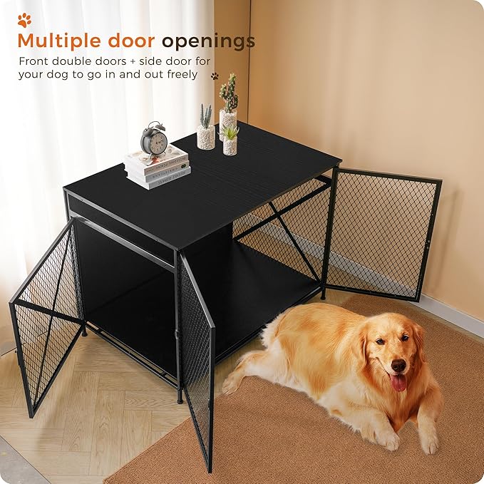 DWANTON Dog Crate Furniture, 42.5" L Three-Door Wooden Dog Kennel Indoor, Connectable expansion, Wooden Dog Crate Table for Small/Medium/Large Dog, Dog House, Dog Cage Large, Black