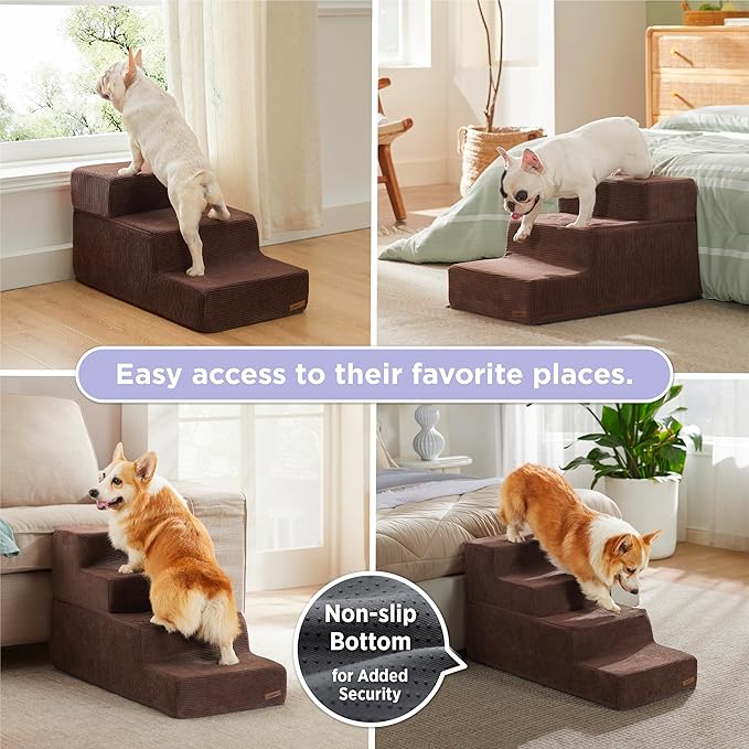 Lesure Dog Stairs for Small Dogs - Pet Stairs for Beds and Couch, Folding Pet Steps with CertiPUR-US Certified Foam for Cat and Doggy, Non-Slip Bottom Dog Steps, Brown, 4 Steps Extra Wide