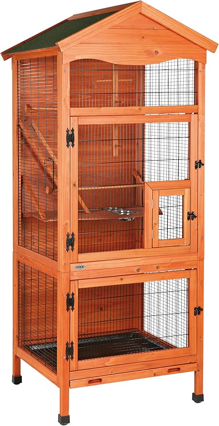 TRIXIE Outdoor Bird Aviary, 71-in Wooden Birdcage, 2 Perches, Ideal for Small Birds, Finches, Brown, (55951)