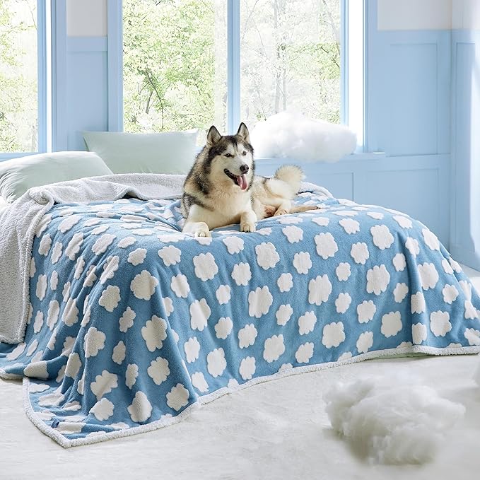 Lesure Waterproof Dog Blanket for Large Dogs - Washable Double Sided Dog Blankets with Warm Jacquard Shag and Soft Sherpa Fleece, Pet Cat blanket for King Bed Protection, 3D Textured Cloud, Blue