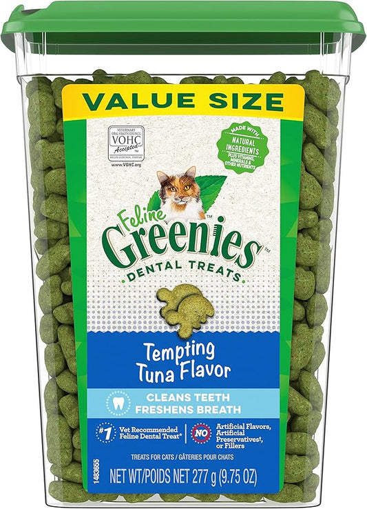 Greenies Feline Adult Natural Dental Care Cat Treats, Tempting Tuna Flavor, 9.75 oz. Tub