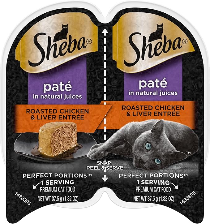 Sheba Wet Food PERFECT PORTIONS Paté Wet Cat Food Trays (24 Count, 48 Servings), Roasted Chicken and Liver Entrée, Easy Peel Twin-Pack Trays