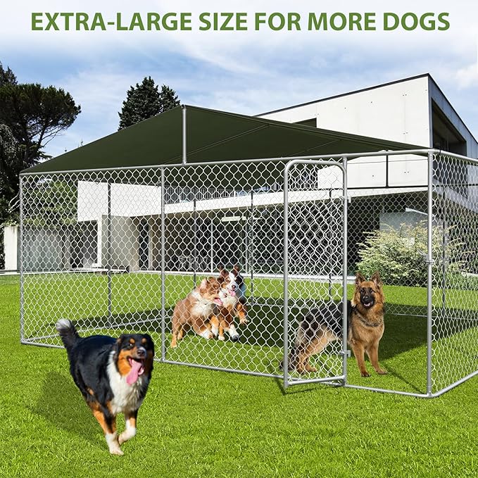 15x15 FT Extra Large Outdoor Dog Kennel, Outside Dog Kennel with Roof, Heavy Duty Dog Run Fence with Anti-UV & Waterproof Cover, Covered Dog Outdoor Kennel for Large Dogs