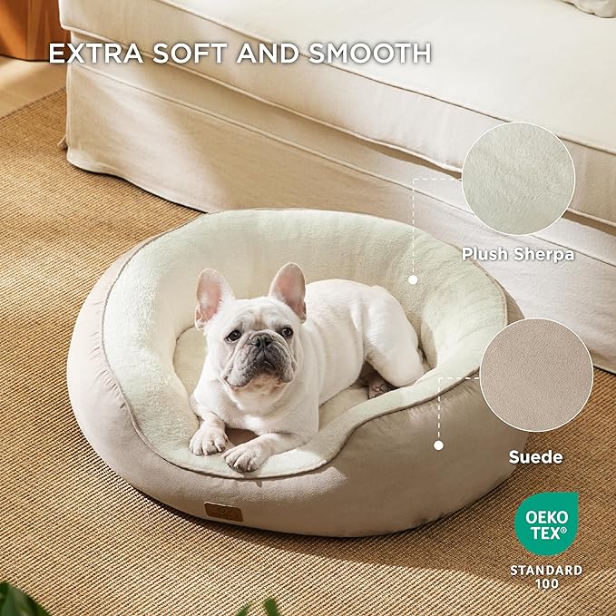 Bedsure Dog Bed for Medium Dogs - Round Washable Medium Pet Bed, Anti-Slip Donut Fluffy Plush Indoor Fur Cat Bed, 30 inches, Camel