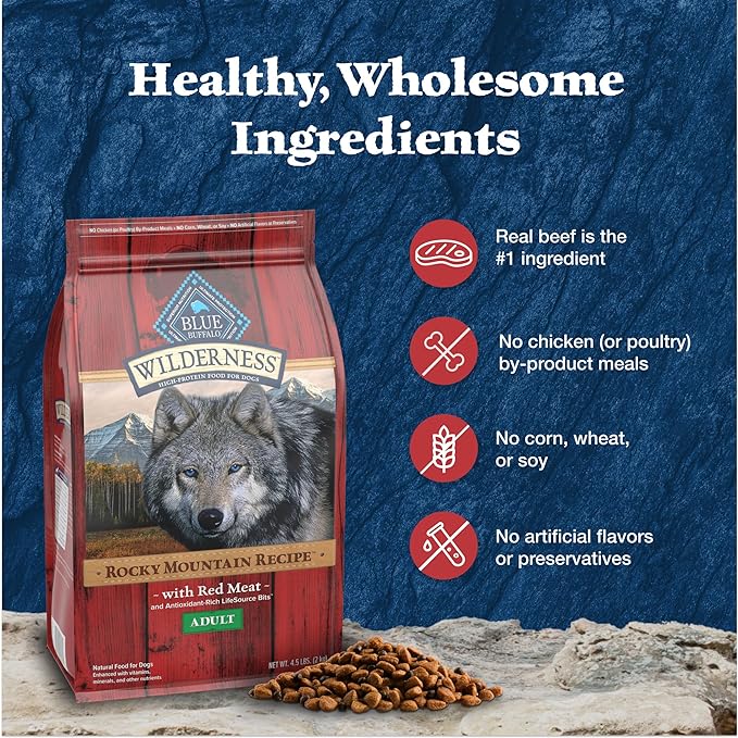 Blue Buffalo Wilderness Rocky Mountain Recipe High-Protein Adult Dry Dog Food, Made in the USA with Natural Ingredients Plus Wholesome Grains, Red Meat, 4.5-lb. Bag