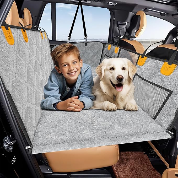 Back Seat Extender for Dogs, Dog Car Seat Cover Hard Bottom, Pet Seat Cover with Mesh Window, Dog Seat Covers for Car Travel Camping, Dog Hammock for Car, Truck, Dog Trunk Cover for SUV Grey