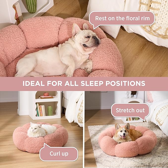 Lesure Calming Small Dog Bed - Flower Donut Round Fluffy Puppy Bed in Plush Teddy Sherpa, Non-Slip Cute Flower Cat Beds for Indoor Cats, Small Pet Bed Fits up to 25 lbs, Machine Washable, Pink 23"