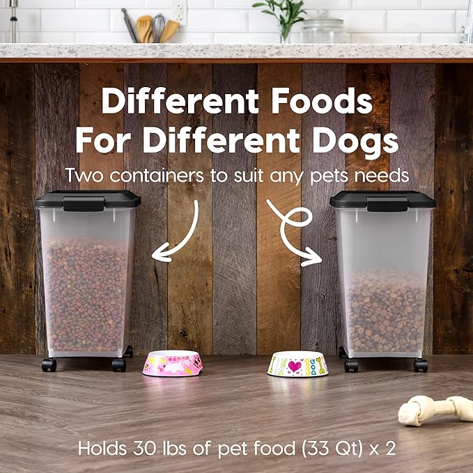 IRIS USA Dog Food Storage Container, 2 Pack, Up to 30 lbs Each, Airtight Seal for Freshness, Wheels for Rolling, Easy One Hand Opening, Made in USA, BPA Free, Clear/Black