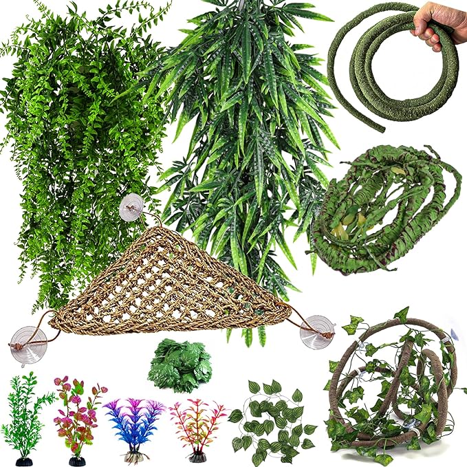 12 Pieces Bearded Dragon Tank Accessories, Reptile Hammock Plants and Vines Terrarium Branch Plants Habitat Decoration for Lizard Gecko Snake Hermit Crab