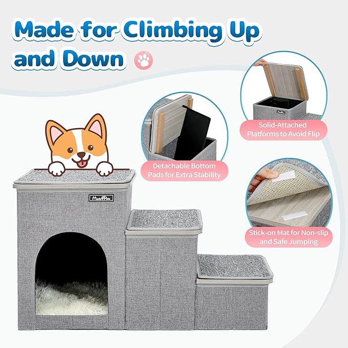 Made4Pets Cat Stairs Dog Ladder for Bed, Pet Step for Small Dogs and Cats, Dog Ramp for Couch Sofa with Toy Storage, Folding Puppy Stair Helper for High Beds, Doggie Car Ramp for Older Cats