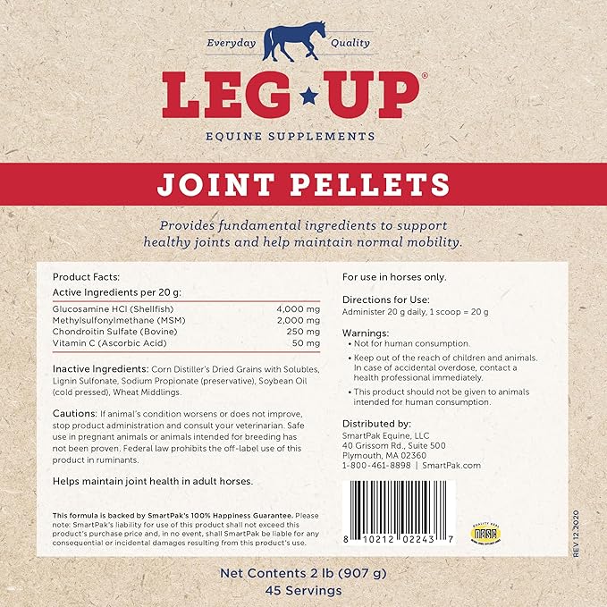 SmartPak Leg Up Joint Pellets | Joint Support Supplement for Horses | Glucosamine Chondroitin Sulfate and Antioxidants Formula with No Added Sugar | Ideal for Light Work Horses, 2 lb Bag