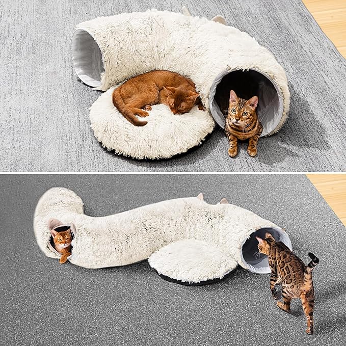 Cat Tunnel with Cat Bed for Indoor Cats, Soft Plush Peekaboo Cat Cave Donut Tunnel, Multifunctional Cat Playground Toys Hideplace for Small Medium Large Cats, Kittens, Rabbit, Ferret (Cream White)