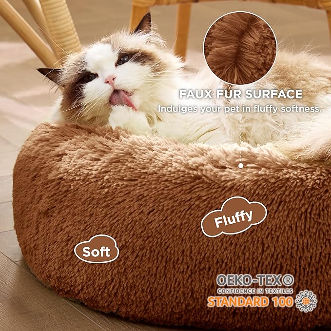 Bedsure Calming Cat Beds for Indoor Cats - Small Cat Bed Washable 20 inches, Anti-Slip Round Fluffy Plush Faux Fur Pet Bed, Fits up to 15 lbs Pets, Caramel