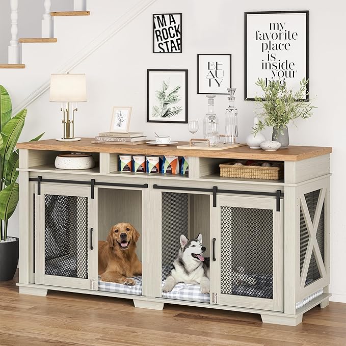 Dog Crate Furniture, 71" Heavy Duty Dog Kennel with 3 Storage Cubby for 2 Dogs, Versatile Dog House with Removable Divider and 2 Sliding Barn Door for Large Dog, White/Light Oak