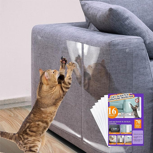 Anti Cat Scratch Furniture Protector-12 Pack Single Side Couch Protector for Cats, Self-Adhesive Cat Tape for Furniture, Clear Cat Scratch Deterrent for Furniture Door Walls (16P+70 Pins)