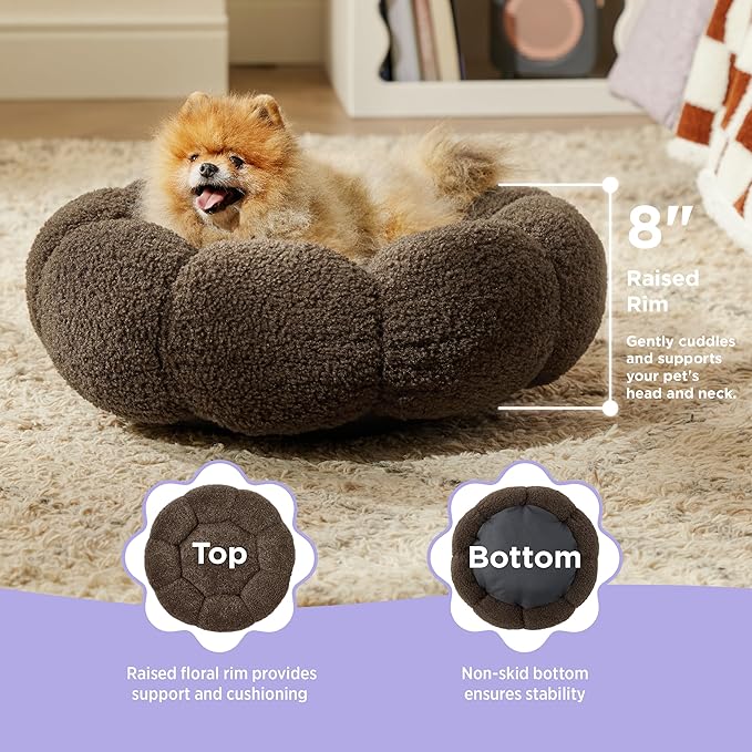 Lesure Calming Small Dog Bed - Flower Donut Round Fluffy Puppy Bed in Plush Teddy Sherpa, Non-Slip Cute Flower Cat Beds for Indoor Cats, Small Pet Bed Fits up to 25 lbs, Machine Washable, Espresso 23"