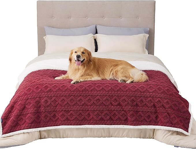 Bedsure Waterproof Dog Blankets for Large Dogs - Pet Blanket for Bed Couch Protector Washable, Premium Jacquard Coral Fleece Cat Throw Blanket, Soft Reversible Furniture Protection, 60x80, Burgundy