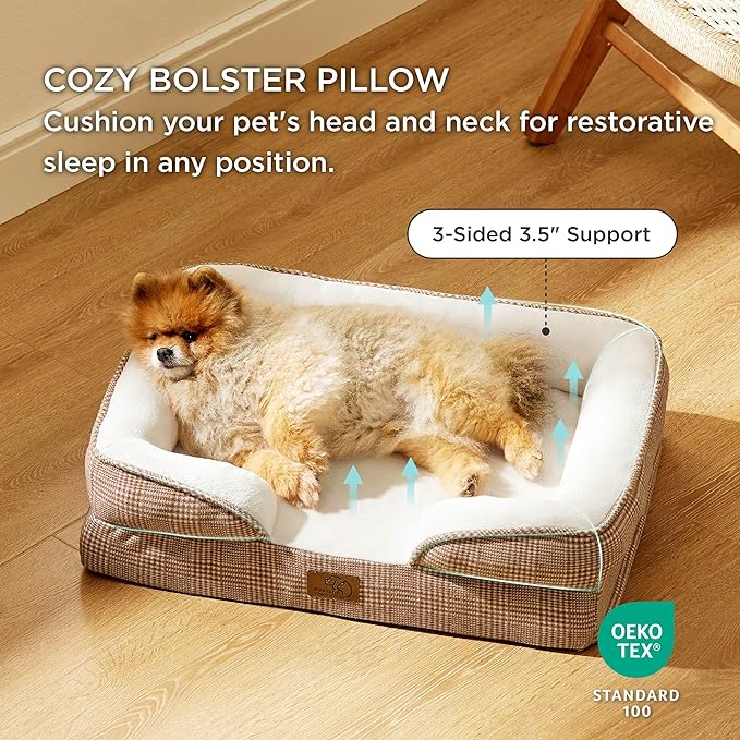 Bedsure Small Orthopedic Dog Bed - Washable Bolster Dog Sofa Beds for Small Dogs, Supportive Foam Pet Couch Bed with Removable Washable Cover, Waterproof Lining and Nonskid Bottom Couch, Brown Checks