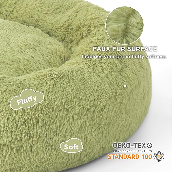 Bedsure Calming Dog Bed for Large Dogs - Donut Washable Large Pet Bed, Anti-Slip Round Fluffy Plush Faux Fur Dog Bed, Fits up to 100 lbs Pets, Green, 36 inches