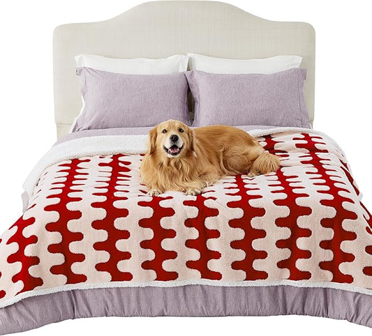 Lesure Waterproof Dog Blanket for Large Dogs - Washable Double Sided Dog Blankets with Warm Jacquard Shag and Soft Sherpa Fleece, Pet Cat blanket for Bed Protection, 3D Textured Wave, Red