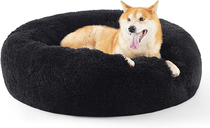 Bedsure Calming Dog Bed for Medium Dogs - Donut Washable Medium Pet Bed, 30 inches Anti-Slip Round Fluffy Plush Faux Fur Cat Bed, Fits up to 45 lbs Pets, Black