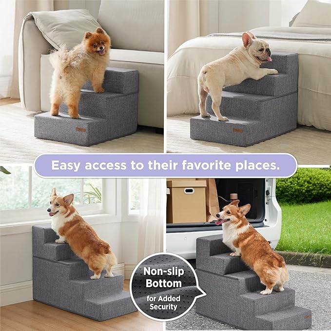 Lesure Dog Stairs for Small Dogs - Pet Stairs for Beds and Couch, Folding Pet Steps with CertiPUR-US Certified Foam for Cat and Doggy, Non-Slip Bottom Dog Steps, Grey Linen, 3 Steps