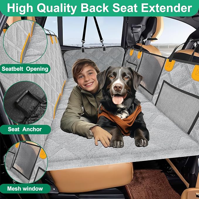 Back Seat Extender for Dogs, Dog Car Seat Cover Hard Bottom, Pet Seat Cover with Mesh Window, Dog Seat Covers for Car Travel Camping, Dog Hammock for Car, Truck, Dog Trunk Cover for SUV Grey