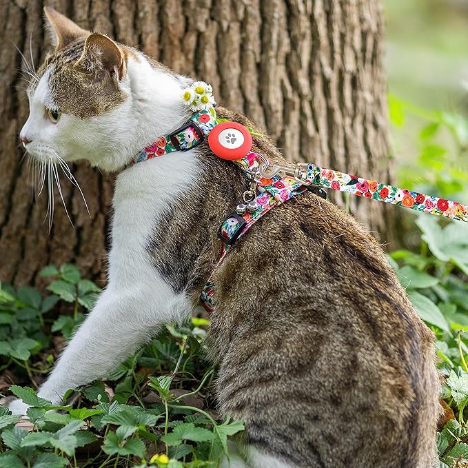 CUSOZWO Cat Harness and Leash Escape Proof for Walking Travel Outdoor - Cute Floral Nylon Adjustable Cute Cat Harness Leash Set with Airtag Holder for Small Large Cats