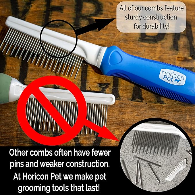 Detangling Dog Comb with Long & Short Stainless Steel Metal Teeth - Dogs, Cats & Small Animals for Removing Matted Fur, Knots & Tangles