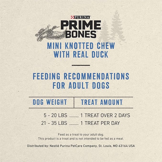 Prime Bones Purina Mini Knotted Chews Rawhide Free, Natural Dog Treats with Real Duck - 26 ct. Pouch, 16.5 oz