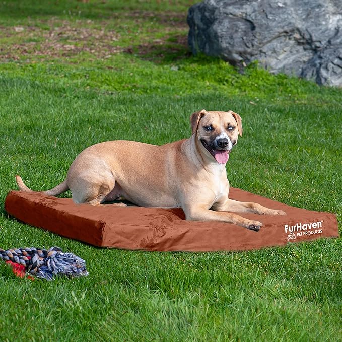 Furhaven Water-Resistant Cooling Gel Dog Bed for Large/Medium Dogs w/ Removable Washable Cover, For Dogs Up to 55 lbs - Indoor/Outdoor Logo Print Oxford Polycanvas Mattress - Chestnut, Large