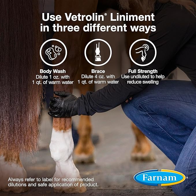 Farnam Vetrolin Horse Liniment for Muscle Soreness, Stiffness and Inflammation Relief on Horses, Helps Reduce Swelling, Aids in Pain Relief, 32 Oz.