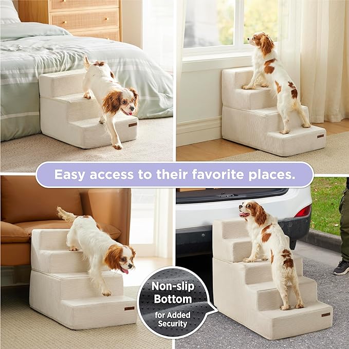 Lesure Dog Stairs for Small Dogs - Pet Stairs for Beds and Couch, Folding Pet Steps with CertiPUR-US Certified Foam for Cat and Doggy, Non-Slip Bottom Dog Steps, Beige, 3 Steps