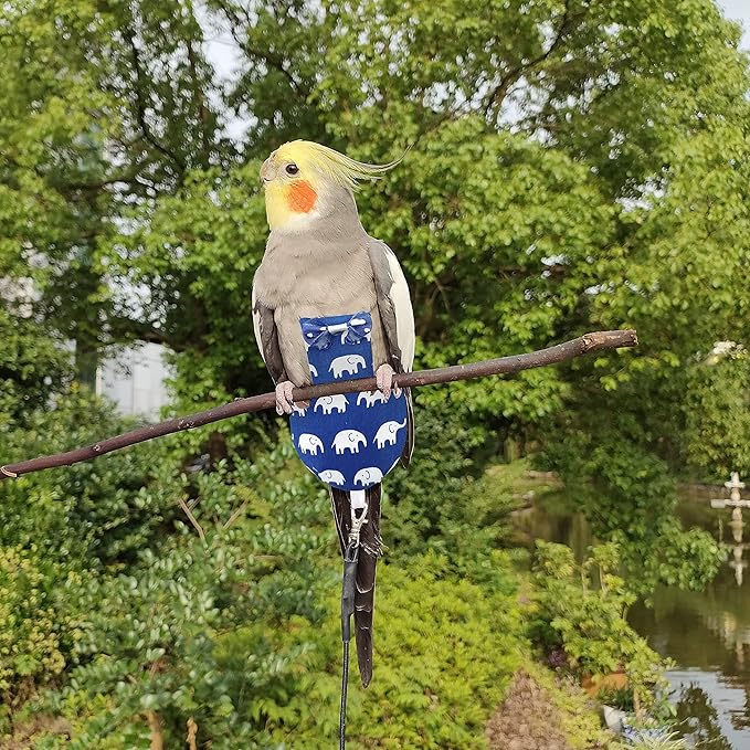 VANFAVORI Bird Diaper Harness Flight Suit Clothes with 80 Inch Flying Leash for Parrots Cockatiel Pet Birds Including A Cotton Pad, S Size, Elephant