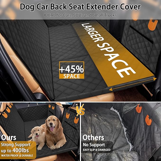 Dog Car Back Seat Extender Cover,Hard Bottom Scratchproof and Waterproof Protector,with Mesh Window and Storage Pocket for Car,SUVs,Trucks Black