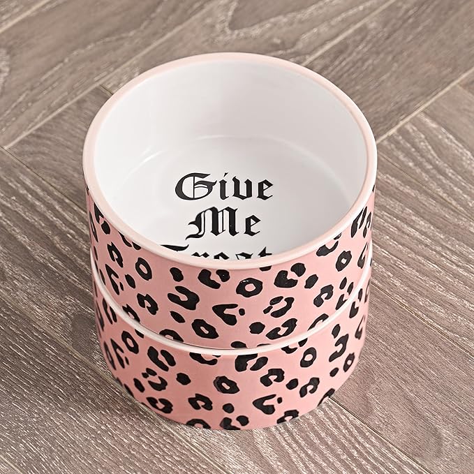 Juicy Couture Give Me Treats Pet Bowl Set - Pink Leopard 16 oz - Ceramic Set of 2 Bowls