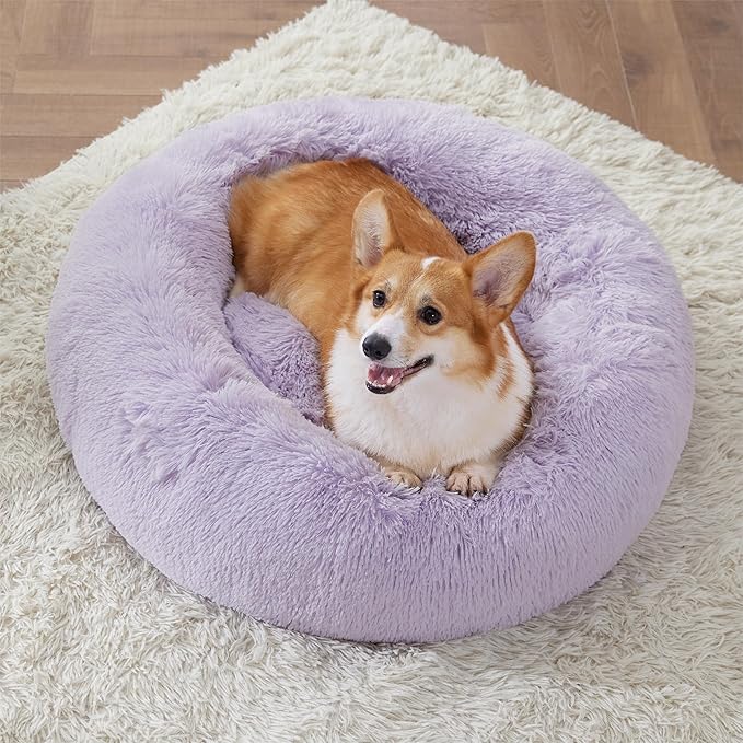 Bedsure Calming Dog Bed for Medium Dogs - Donut Washable Medium Pet Bed, 30 inches Anti-Slip Round Fluffy Plush Faux Fur Cat Bed, Fits up to 45 lbs Pets, Purple