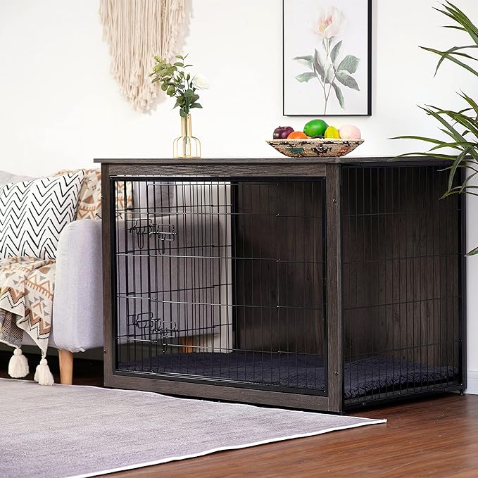 DWANTON Dog Crate Furniture with Cushion, XL Wooden Dog Crate with Double Doors, Large Dog Crate Furniture, Dog Kennel Indoor, End Table, Extra Large, 43.3" L, Dark Grey