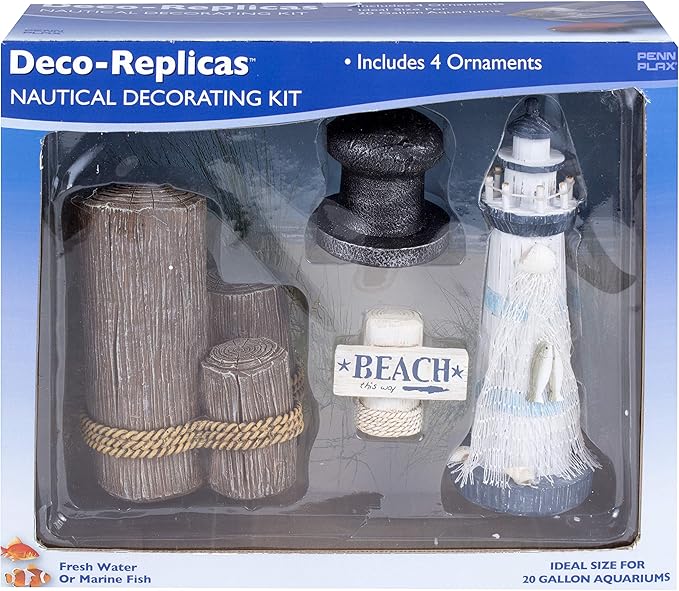 Penn-Plax Deco-Replicas 4-Piece Aquarium Decorating Kit – Nautical & Beach Themed – Safe for Freshwater and Saltwater Fish Tanks