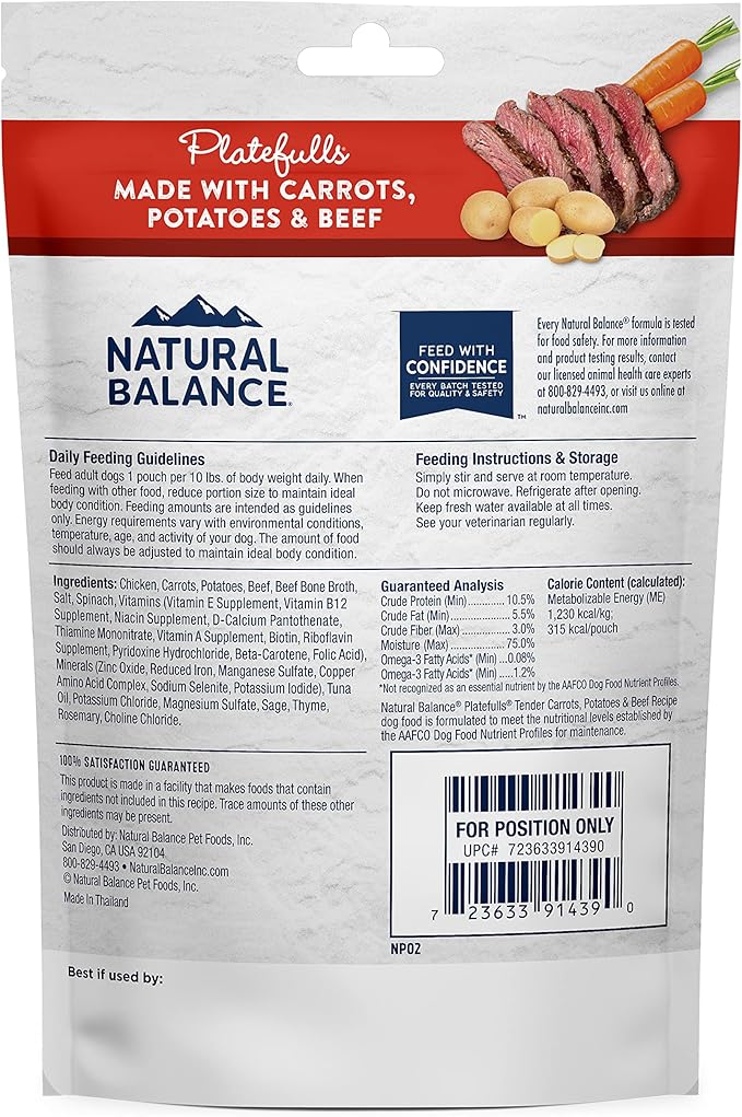 Natural Balance Platefulls Homestyle Adult Grain-Free Wet Dog Food, Tender Carrot, Potato & Beef Recipe Cooked in Bone Broth, 9 Ounce (Pack of 12)