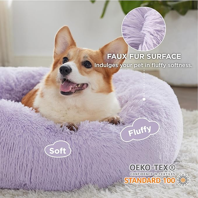 Bedsure Calming Dog Bed for Medium Dogs - Donut Washable Medium Pet Bed, 30 inches Anti-Slip Round Fluffy Plush Faux Fur Cat Bed, Fits up to 45 lbs Pets, Purple