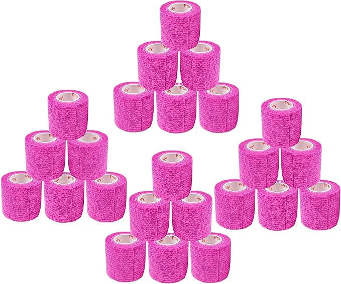 2 Inch Vet Wrap Tape Bulk (Fuchsia) (Pack of 24) Self Adhesive Adherent Adhering Flex Bandage Grip Roll for Dog Cat Pet Horse