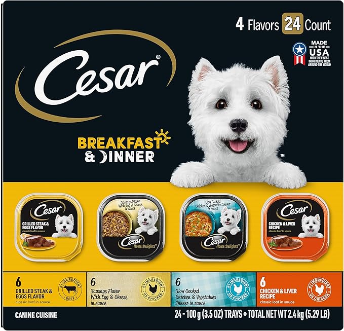 CESAR HOME DELIGHTS Adult Wet Dog Food & Classic Loaf in Sauce Breakfast & Dinner Variety Pack, (24) 3.5 oz. Easy Peel Trays